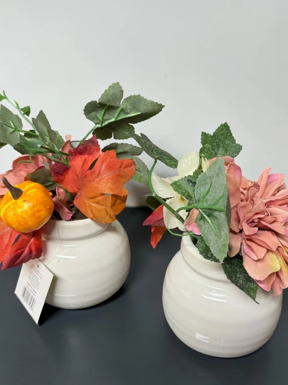 NWT Set of 2 Fall Floral Arrangements Pumpkin Ceramic Vases